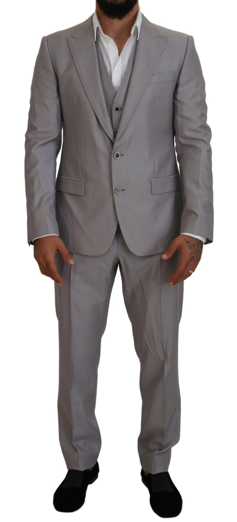 Silver Wool Silk 3 Piece Slim Fit Suit-Dolce & Gabbana-LabelTerrace.com