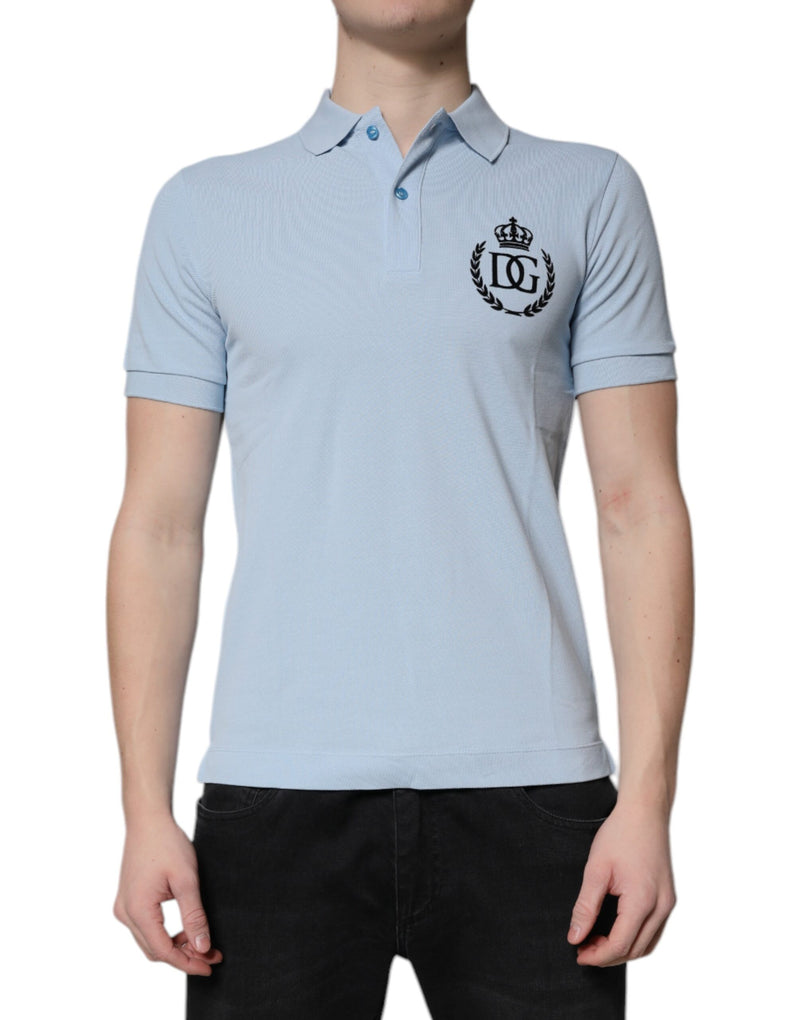 Sky Blue Cotton Crown Collared Polo T-shirt-Dolce & Gabbana-LabelTerrace.com