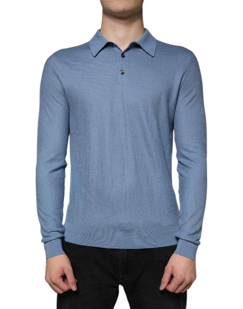 Sky Blue Silk Collared Men Pullover Sweater-Dolce & Gabbana-LabelTerrace.com