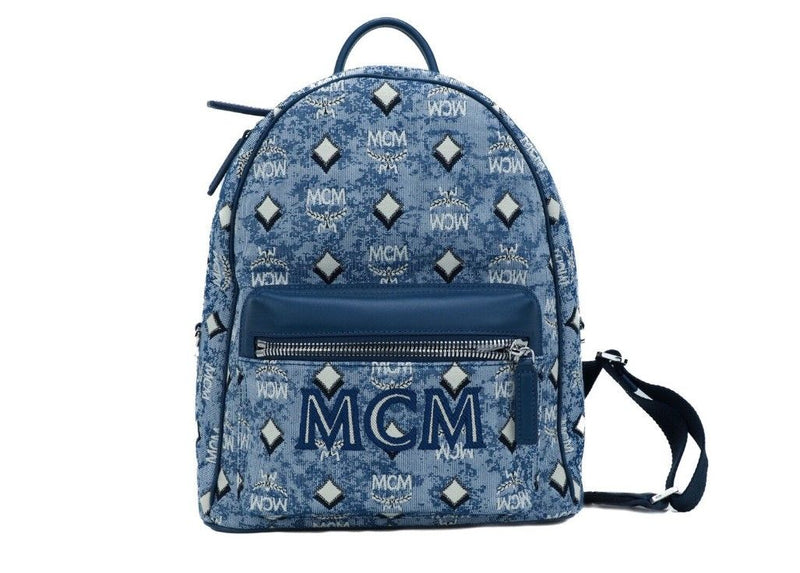 Stark Small Blue Vintage Jacquard Monogram Logo Fabric Backpack Bookbag-MCM-LabelTerrace.com