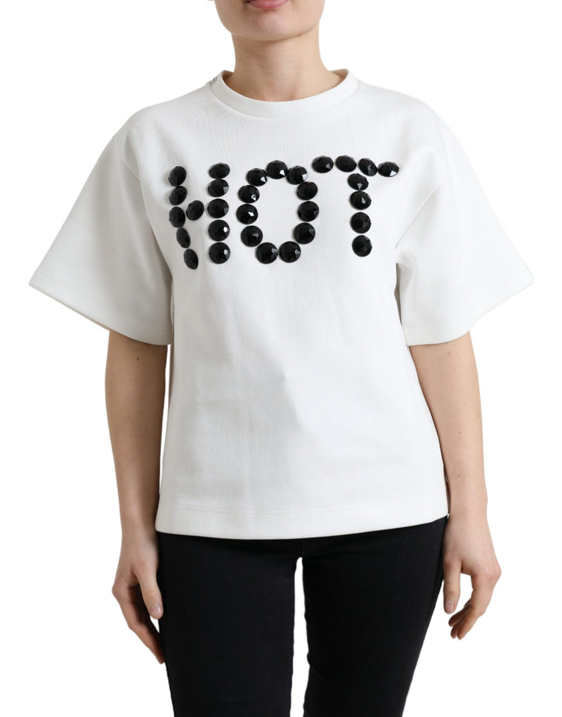 T-shirt White Cotton Stretch Black HOT Crystal-Dolce & Gabbana-LabelTerrace.com