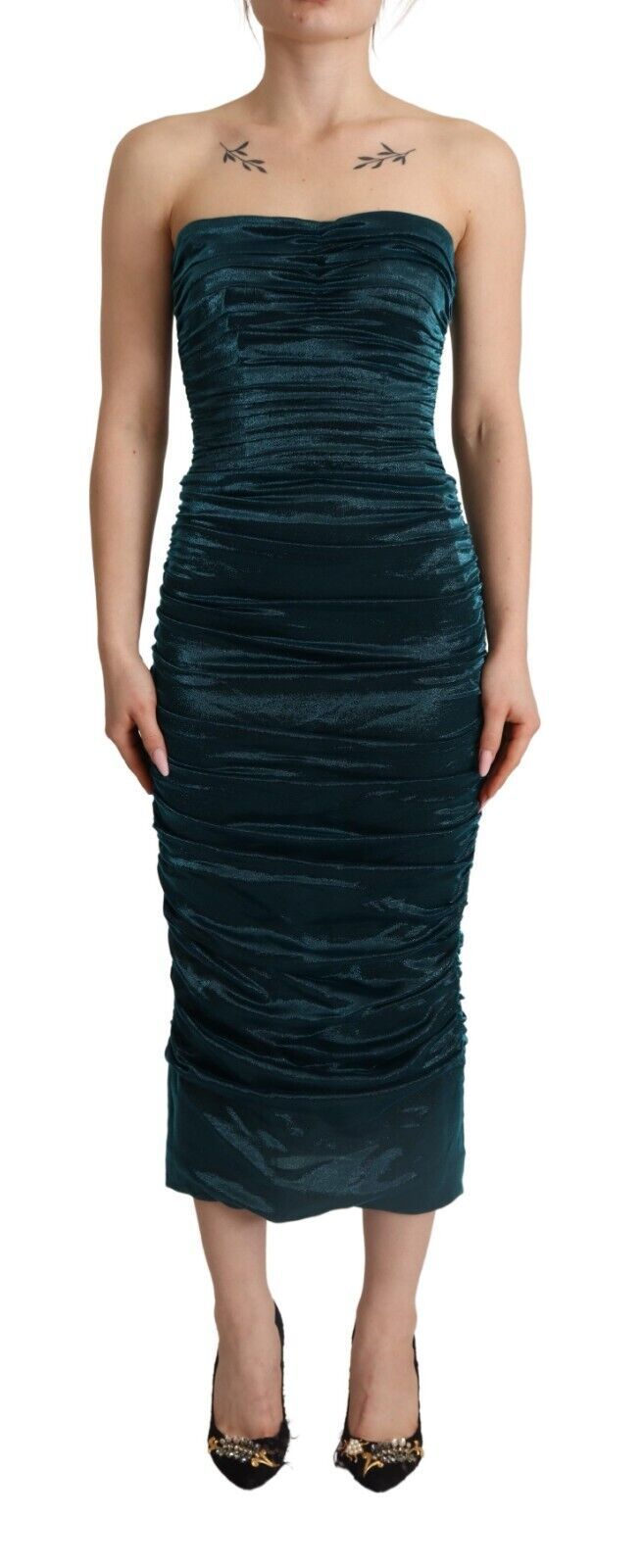 Turquoise Bustier Bodice Draped Midi Dress-Dolce & Gabbana-LabelTerrace.com