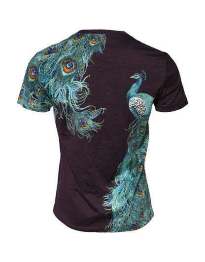 Violet Peacock Feather Men Crew Neck T-Shirt-Dolce & Gabbana-LabelTerrace.com