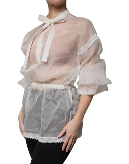 White Ascot Collar Long Sleeves Blouse Top-Dolce & Gabbana-LabelTerrace.com