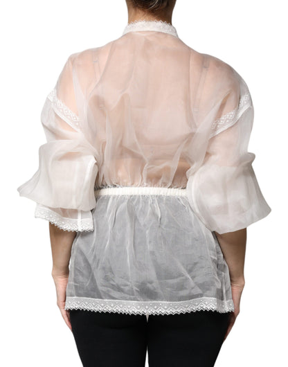 White Ascot Collar Long Sleeves Blouse Top-Dolce & Gabbana-LabelTerrace.com