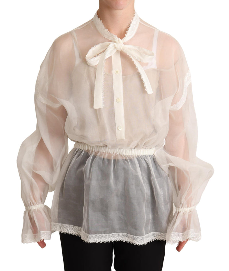White Ascot Collar Long Sleeves Blouse Top-Dolce & Gabbana-LabelTerrace.com