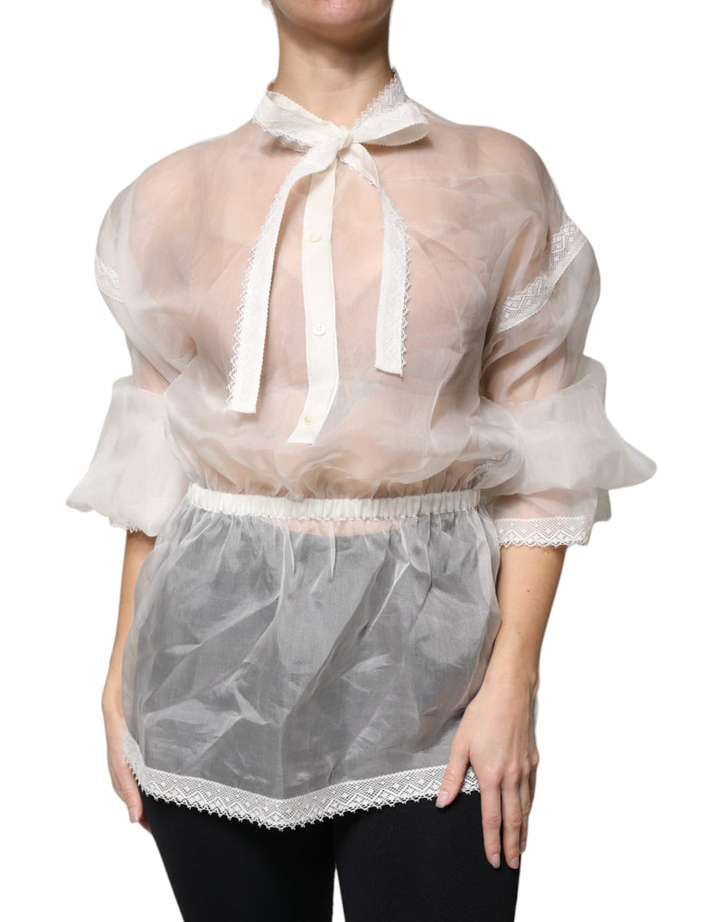 White Ascot Collar Long Sleeves Blouse Top-Dolce & Gabbana-LabelTerrace.com