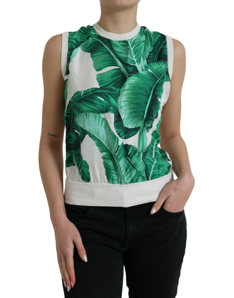 White Banana Leaf Print Crew Neck Tank Top-Dolce & Gabbana-LabelTerrace.com