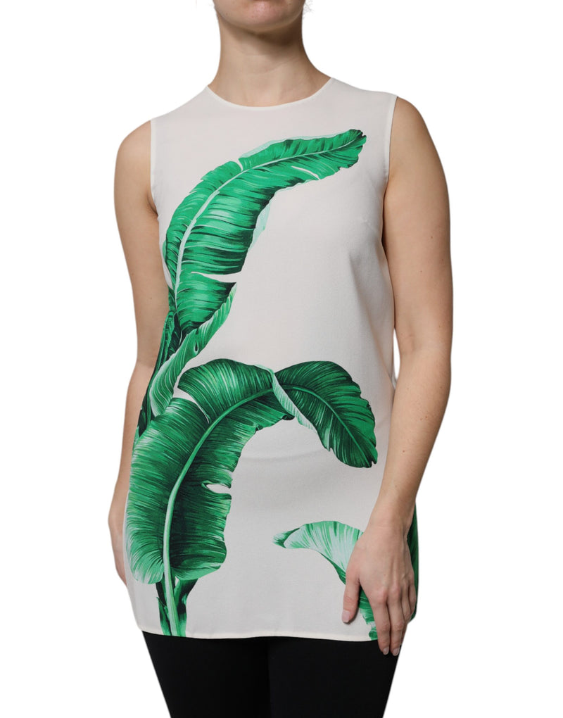 White Banana Leaf Print Round Neck Tank Top-Dolce & Gabbana-LabelTerrace.com