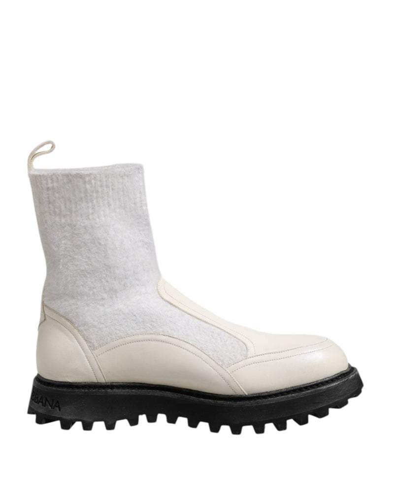 White Beige DG Logo Mid Calf Boots Shoes-Dolce & Gabbana-LabelTerrace.com