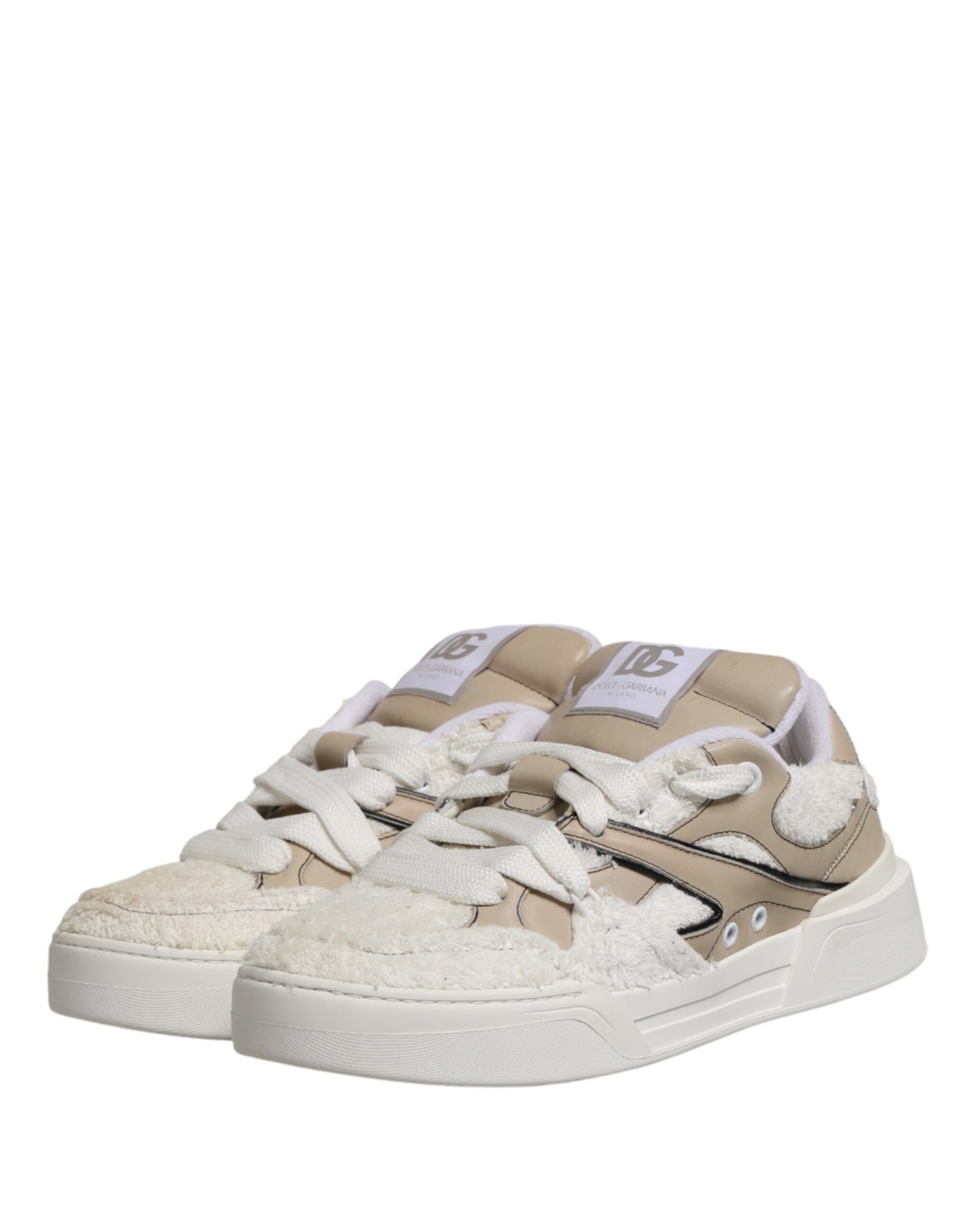 White Beige Faux Shearling Low Top Sneakers Shoes