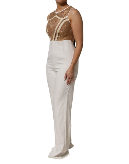 White Beige Mesh Crystal Embellished Sleeveless Jumpsuit