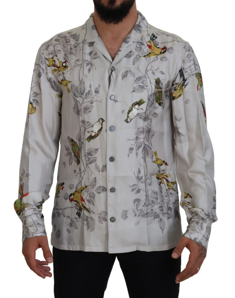 White Bird Print Silk Satin Casual Shirt-Dolce & Gabbana-LabelTerrace.com