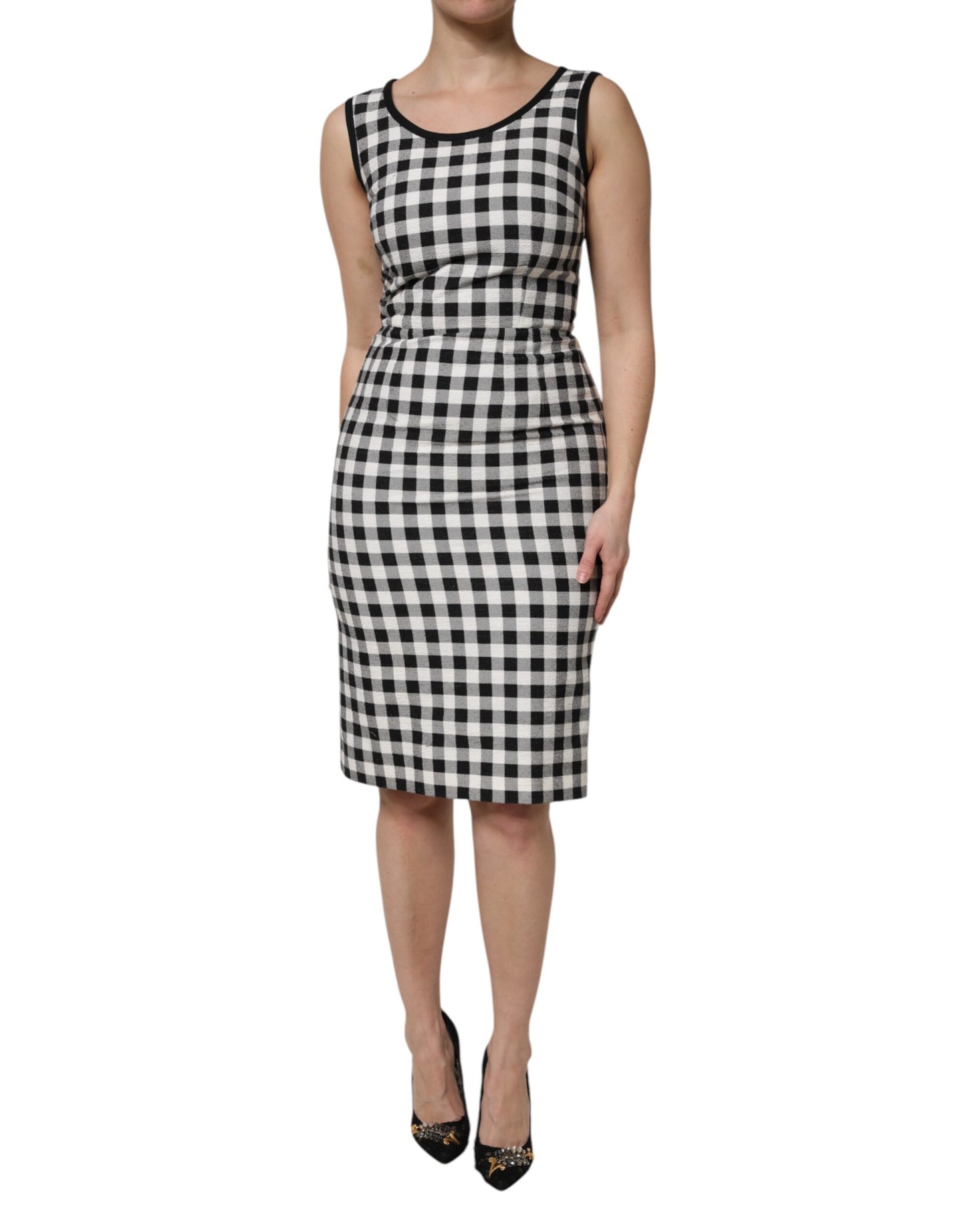 White Black Checkered Sleeveless Sheath Dress-Dolce & Gabbana-LabelTerrace.com