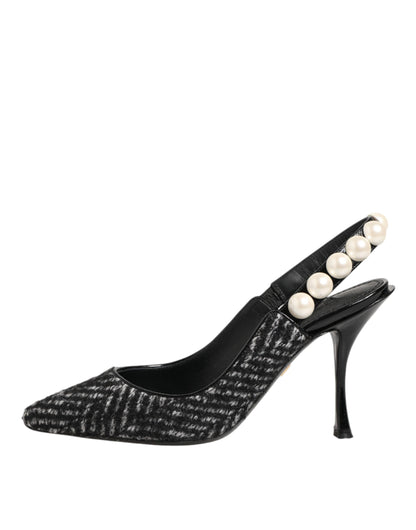 White Black Chevron Faux Pearl Slingbacks Shoes