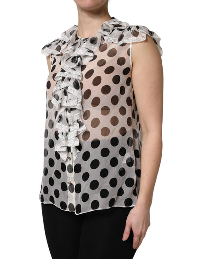 White Black Polka Dot Cotton Sleeveless Top-Dolce & Gabbana-LabelTerrace.com