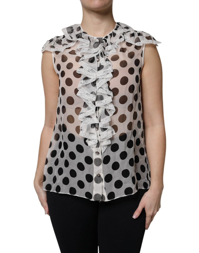 White Black Polka Dot Cotton Sleeveless Top-Dolce & Gabbana-LabelTerrace.com