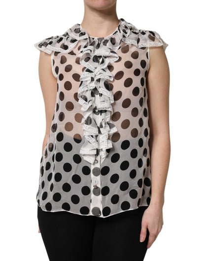 White Black Polka Dot Cotton Sleeveless Top-Dolce & Gabbana-LabelTerrace.com
