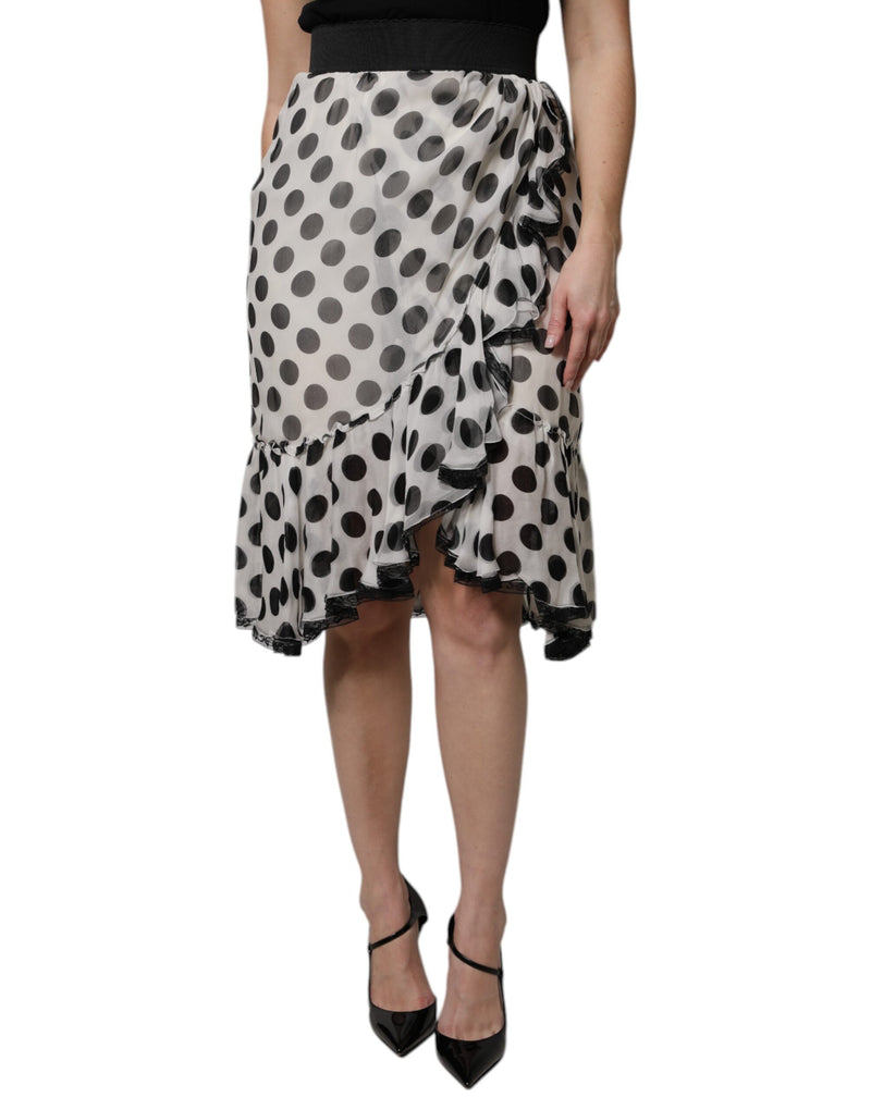White Black Polka Dots Knee Length Skirt-Dolce & Gabbana-LabelTerrace.com