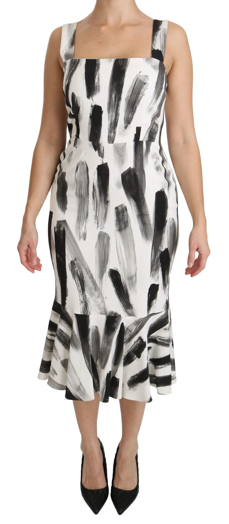 White Black Printed Sheath Midi Viscose Dress-Dolce & Gabbana-LabelTerrace.com