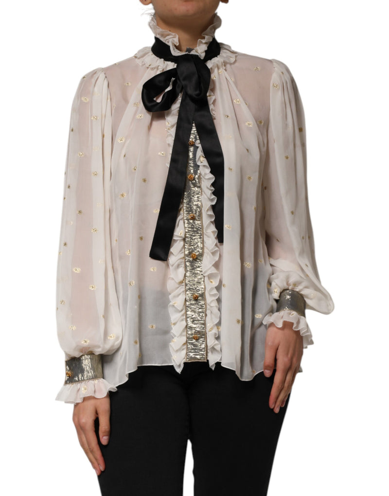 White Black Silk Long Sleeve Ascot Collar Top-Dolce & Gabbana-LabelTerrace.com