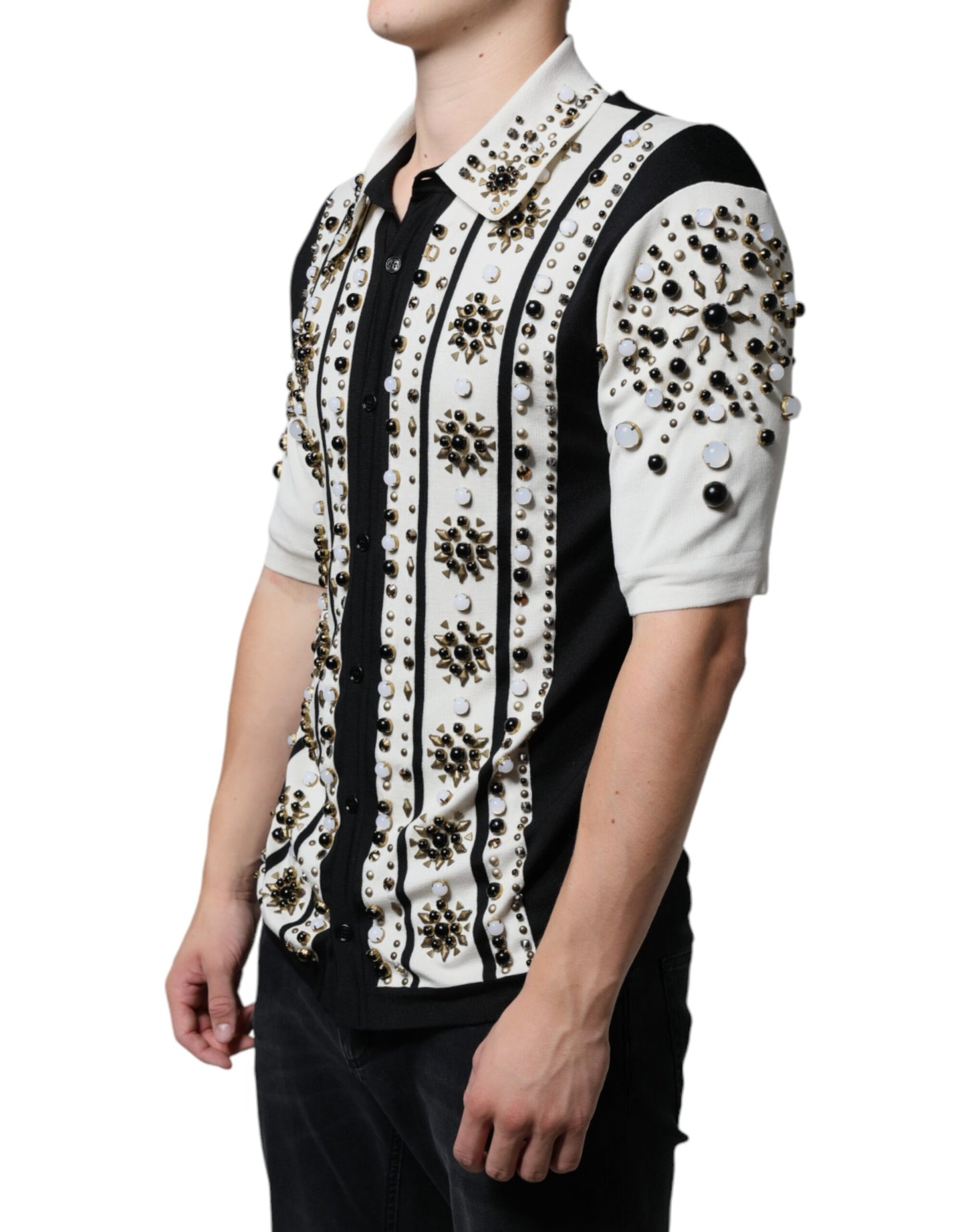 White Black Silk Studded Stone Crystal Shirt-Dolce & Gabbana-LabelTerrace.com