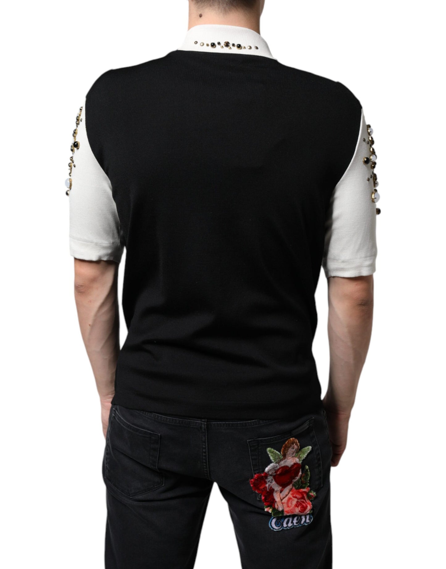 White Black Silk Studded Stone Crystal Shirt-Dolce & Gabbana-LabelTerrace.com