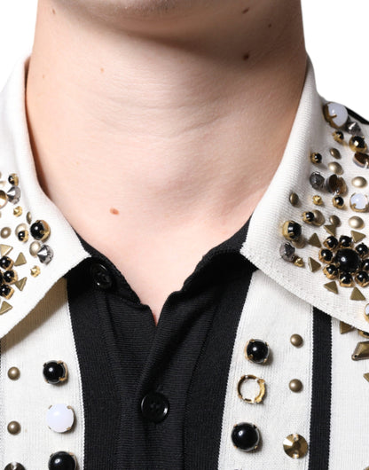 White Black Silk Studded Stone Crystal Shirt-Dolce & Gabbana-LabelTerrace.com