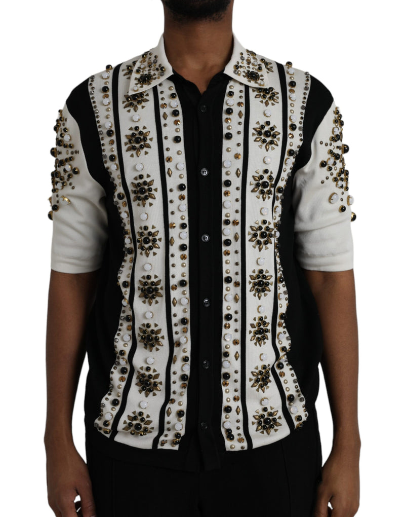White Black Silk Studded Stone Crystal Shirt-Dolce & Gabbana-LabelTerrace.com