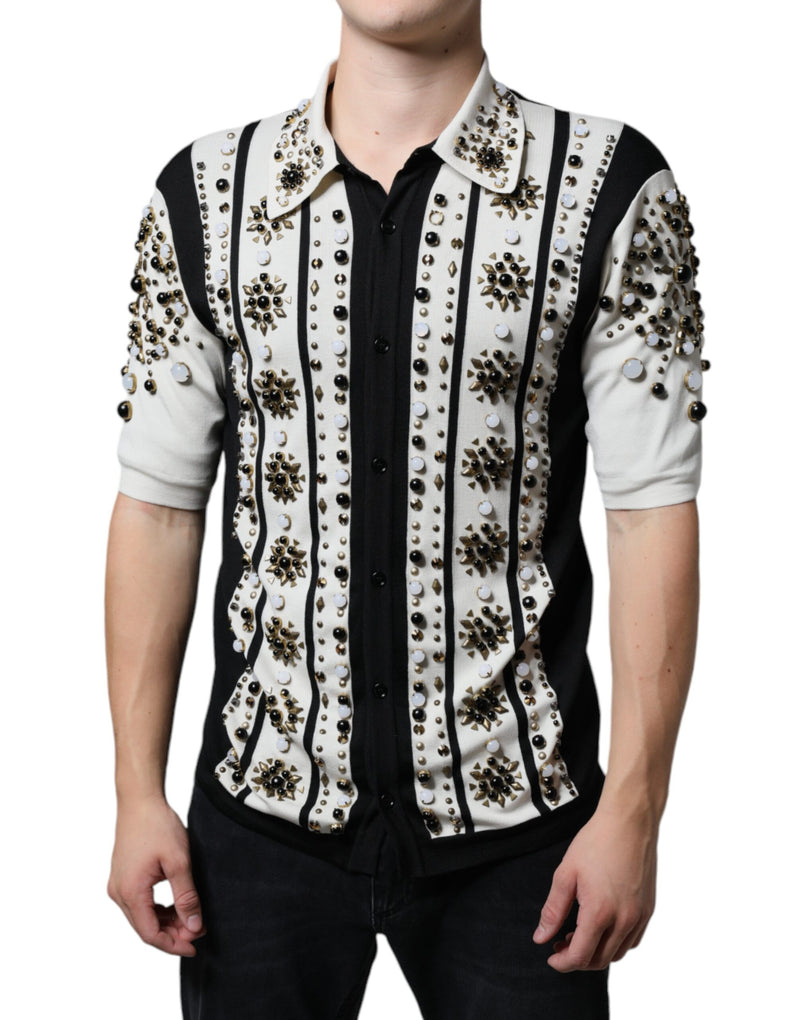 White Black Silk Studded Stone Crystal Shirt-Dolce & Gabbana-LabelTerrace.com