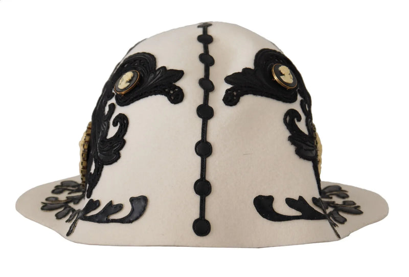 White Black Wool Embroidered Cameo Brooch Hat-Dolce & Gabbana-LabelTerrace.com