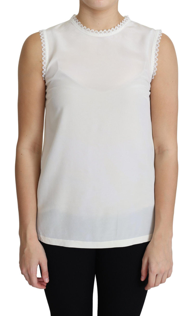 White Blouse Silk Lace Trimmed Sleeveless Top-Dolce & Gabbana-LabelTerrace.com
