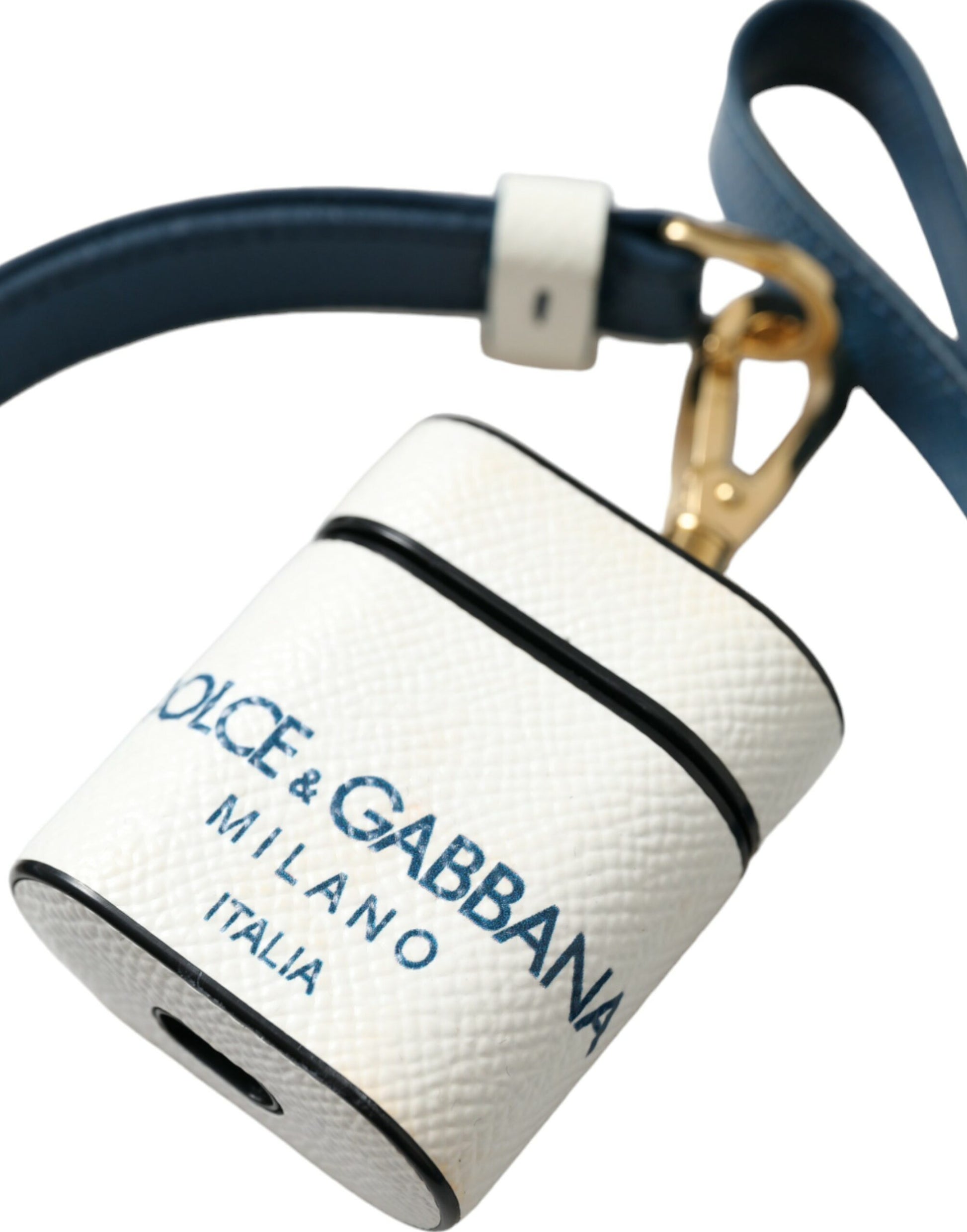 White Blue Calf Leather Logo Print Strap Airpods Case-Dolce & Gabbana-LabelTerrace.com