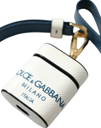 White Blue Calf Leather Logo Print Strap Airpods Case-Dolce & Gabbana-LabelTerrace.com