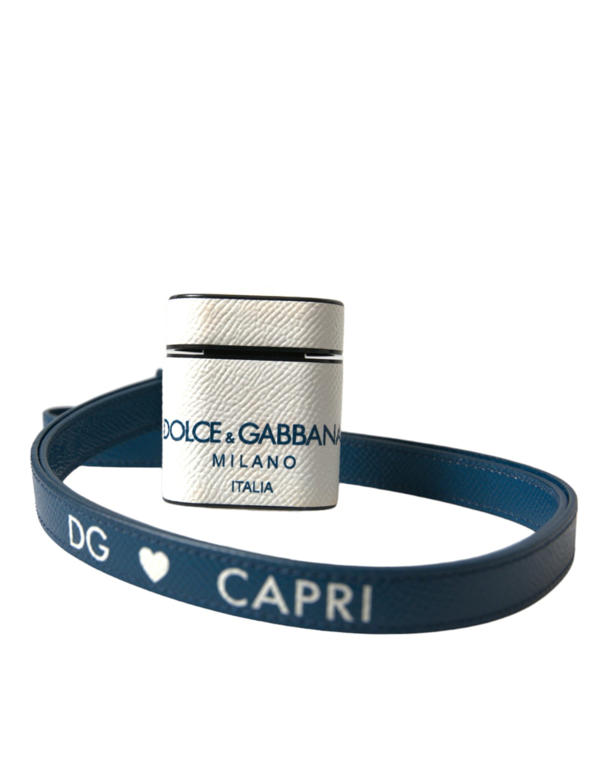 White Blue Calf Leather Logo Print Strap Airpods Case-Dolce & Gabbana-LabelTerrace.com