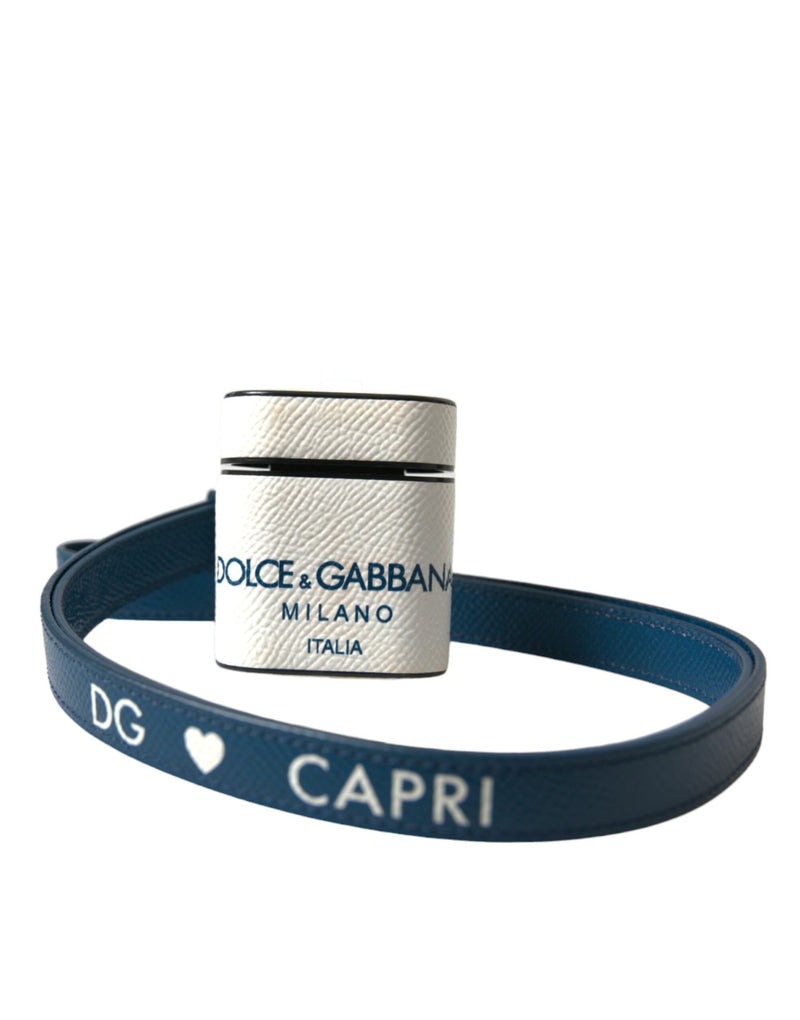 White Blue Calf Leather Logo Print Strap Airpods Case-Dolce & Gabbana-LabelTerrace.com