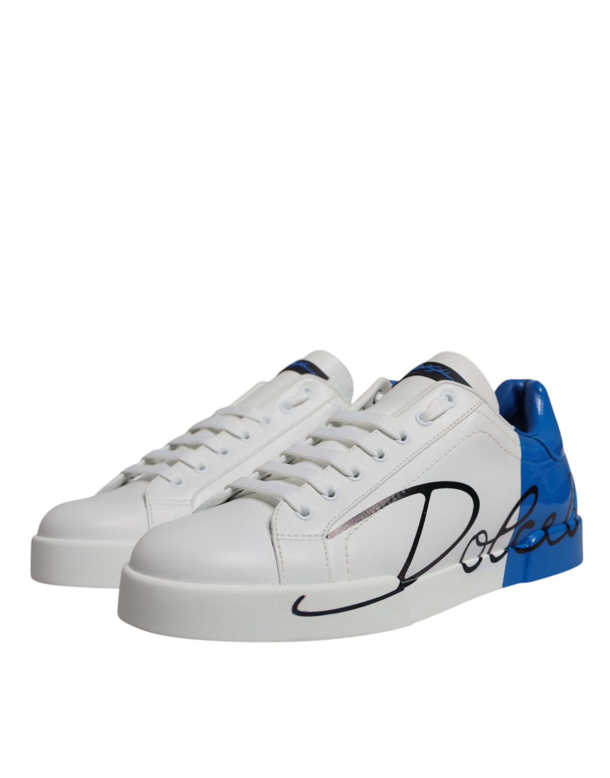 White Blue Leather Logo Low Top Sneakers Shoes-Dolce & Gabbana-LabelTerrace.com