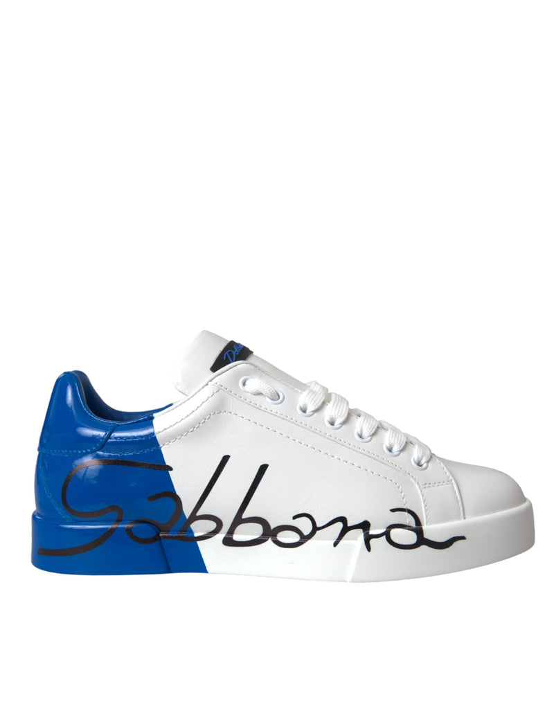 White Blue Leather Logo Low Top Sneakers Shoes-Dolce & Gabbana-LabelTerrace.com