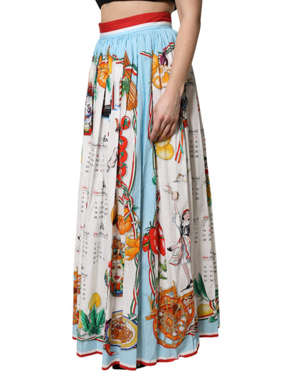 White Calendar Print Cotton Gathered Maxi Skirt