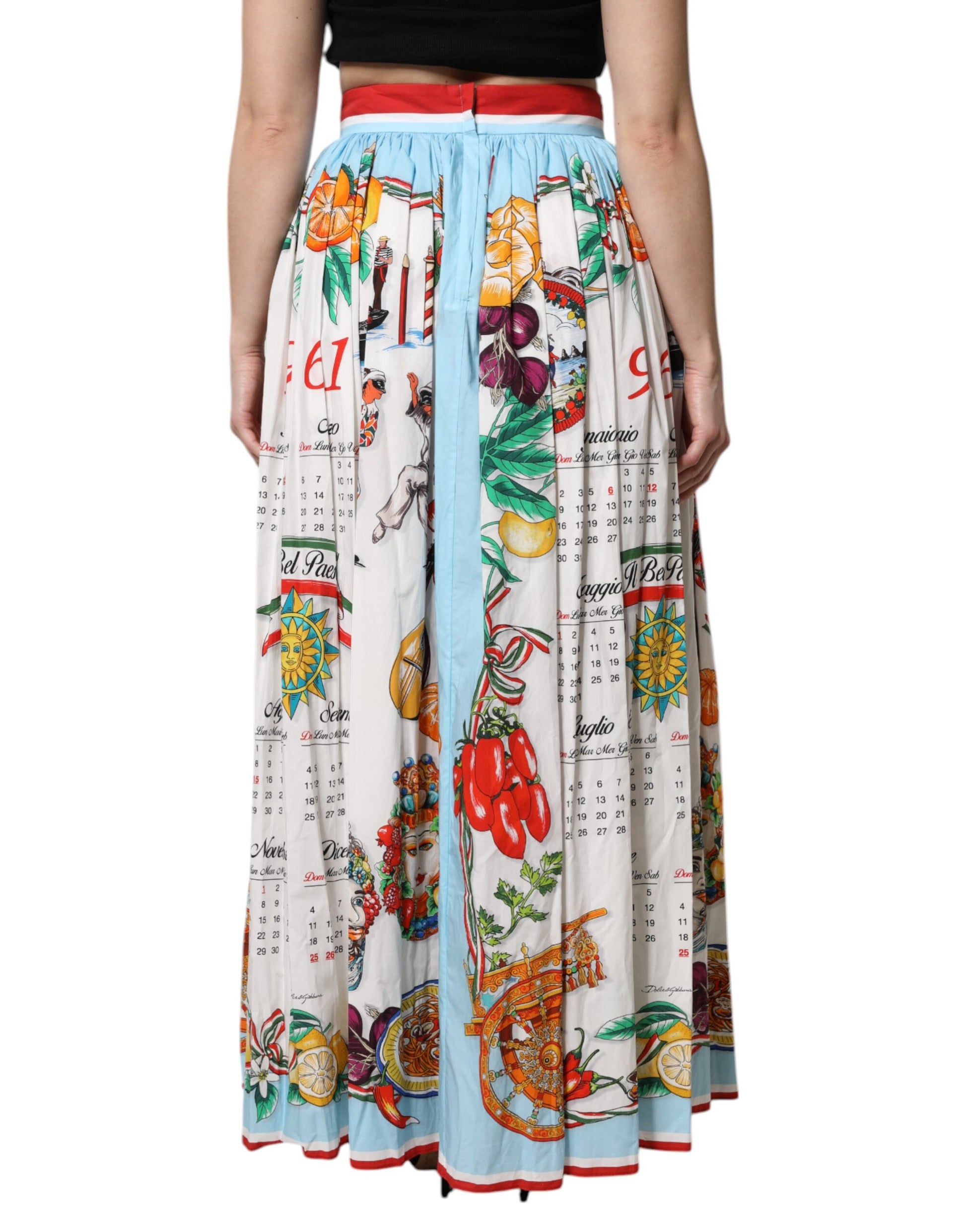 White Calendar Print Cotton Gathered Maxi Skirt