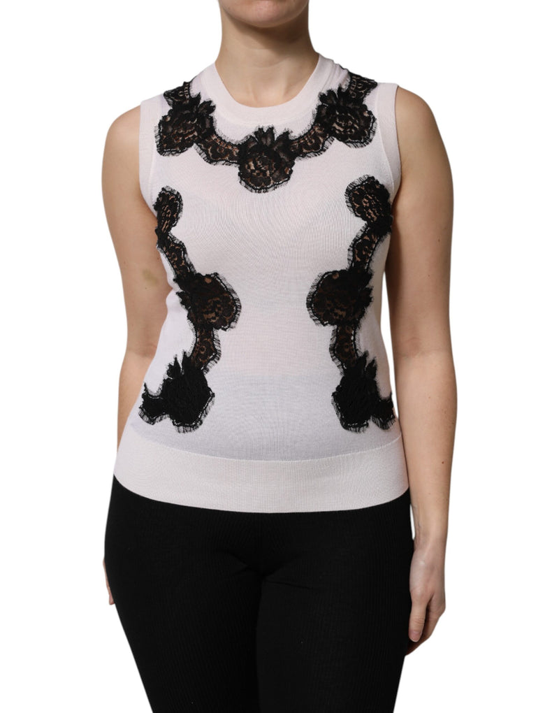 White Cashmere Floral Lace Detailing Tank Top-Dolce & Gabbana-LabelTerrace.com