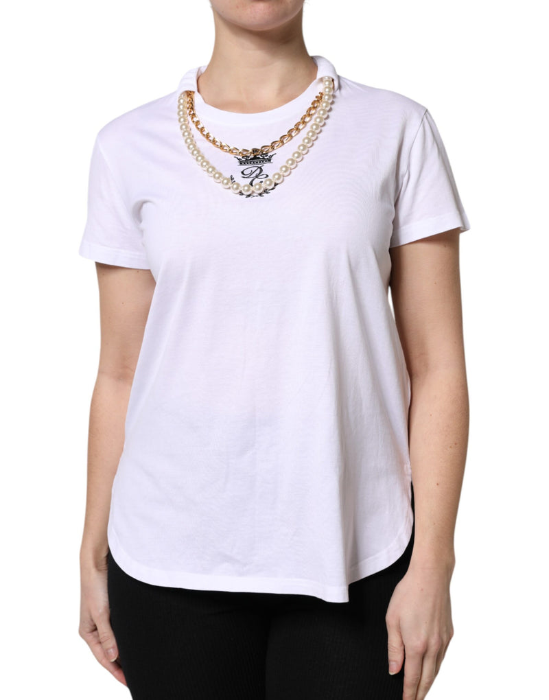 White Chain Pearl Cotton Round Neck T-shirt-Dolce & Gabbana-LabelTerrace.com