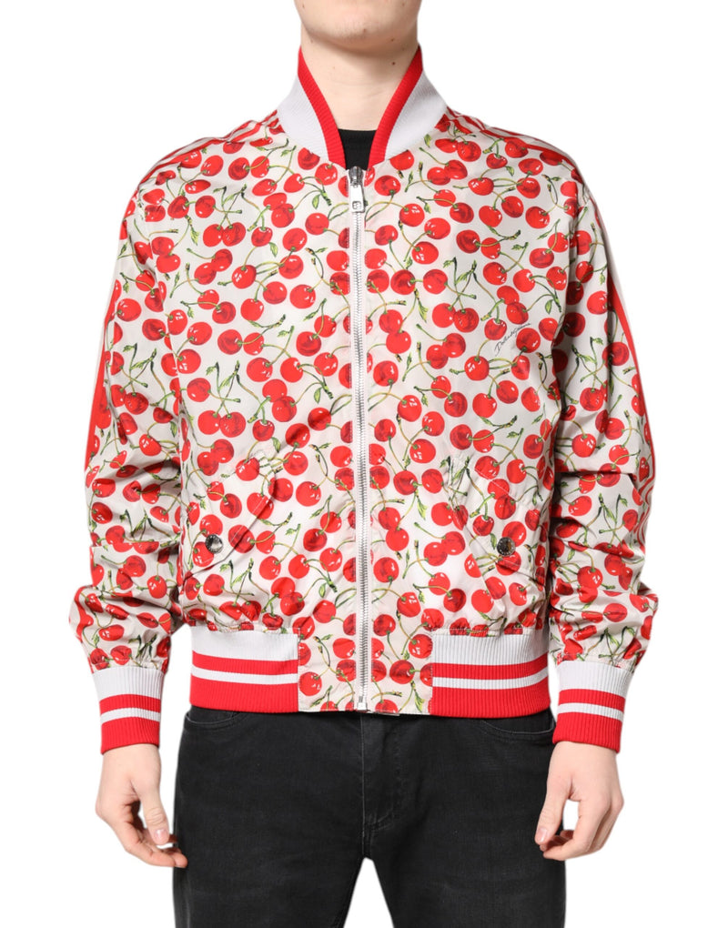 White Cherry Print Full Zip Bomber Jacket-Dolce & Gabbana-LabelTerrace.com