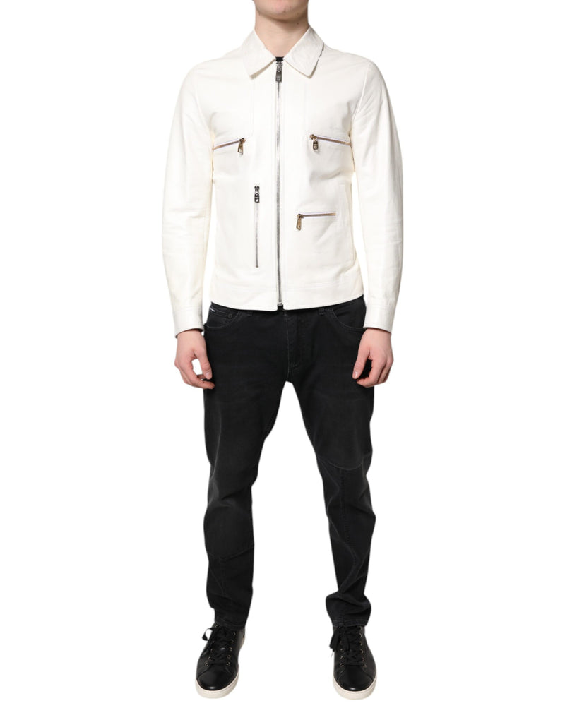 White Collared Full Zip Biker Coat Jacket-Dolce & Gabbana-LabelTerrace.com