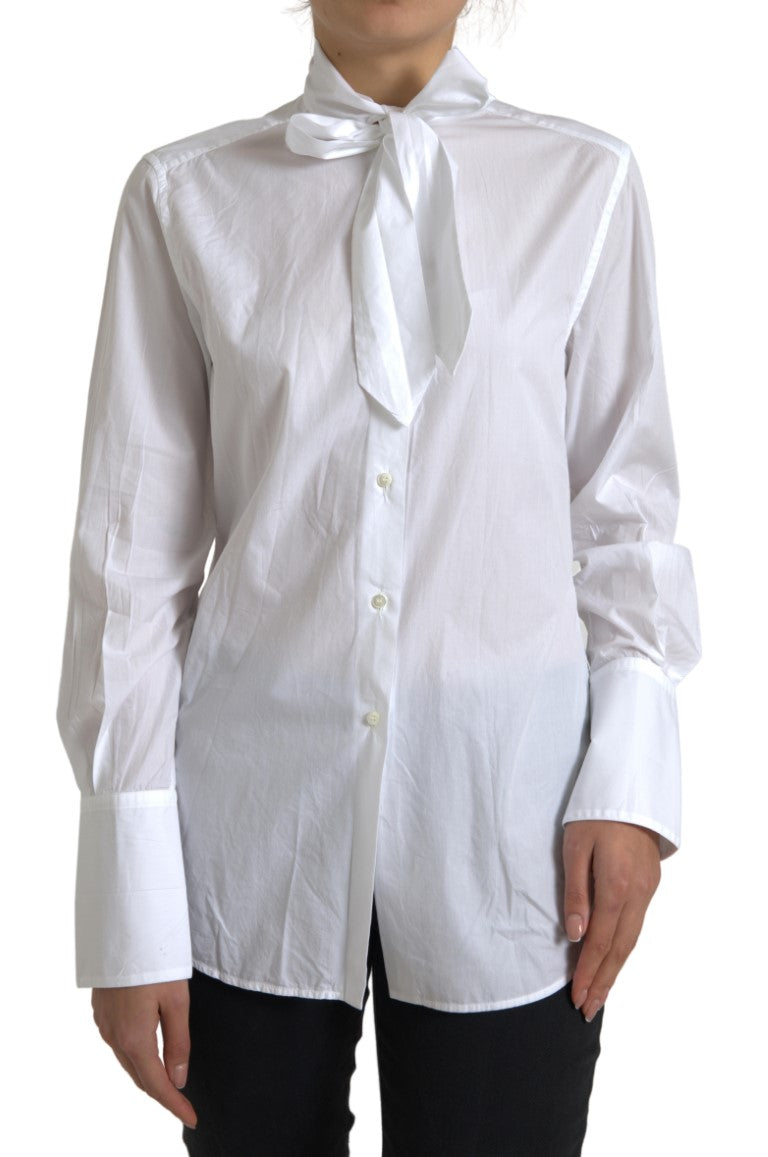 White Cotton Ascot Collar Long Sleeves Top-Dolce & Gabbana-LabelTerrace.com