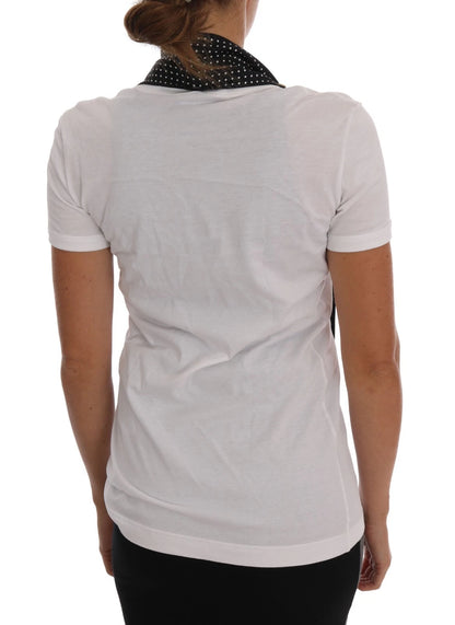 White Cotton Black Silk Scarf Top T-shirt