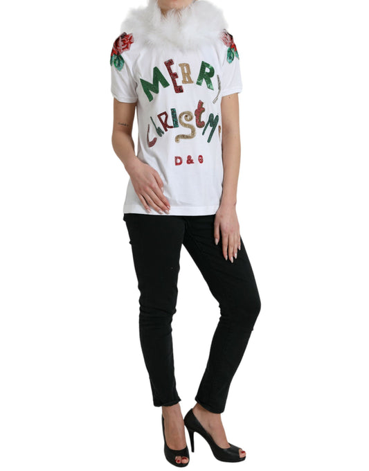 White Cotton Christmas Sequin Fur T-shirt-Dolce & Gabbana-LabelTerrace.com