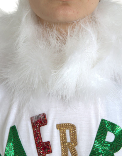 White Cotton Christmas Sequin Fur T-shirt-Dolce & Gabbana-LabelTerrace.com