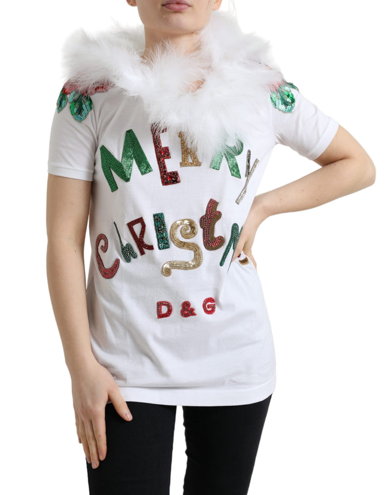 White Cotton Christmas Sequin Fur T-shirt-Dolce & Gabbana-LabelTerrace.com