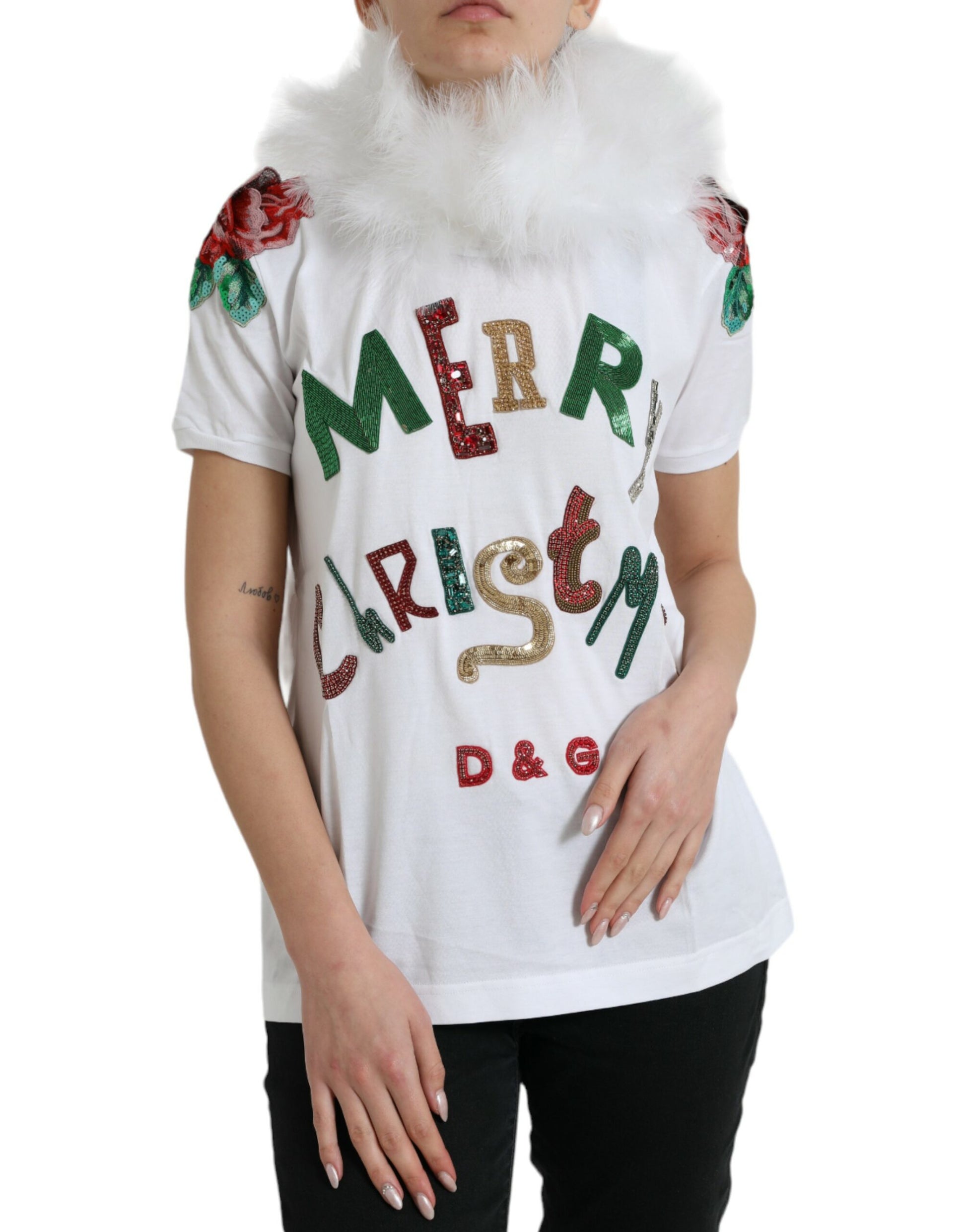 White Cotton Christmas Sequin Fur T-shirt-Dolce & Gabbana-LabelTerrace.com